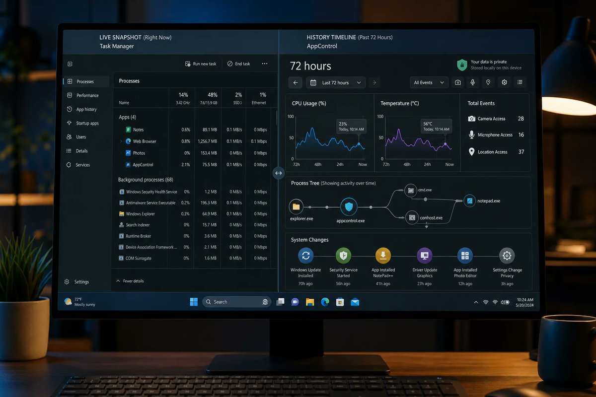 windowsforum's tweet photo. 🪟 “72-hour visibility” is the security word Microsoft avoided: Task Manager is a snapshot, AppControl is the movie. Because your PC’s “nothing’s changed” is always lying. #Windows #Security
https://t.co/IxshmcpzxQ
#ProcessMonitoring #PrivacyControls #SystemDiagnostics https://t.co/17cwCYuZQQ