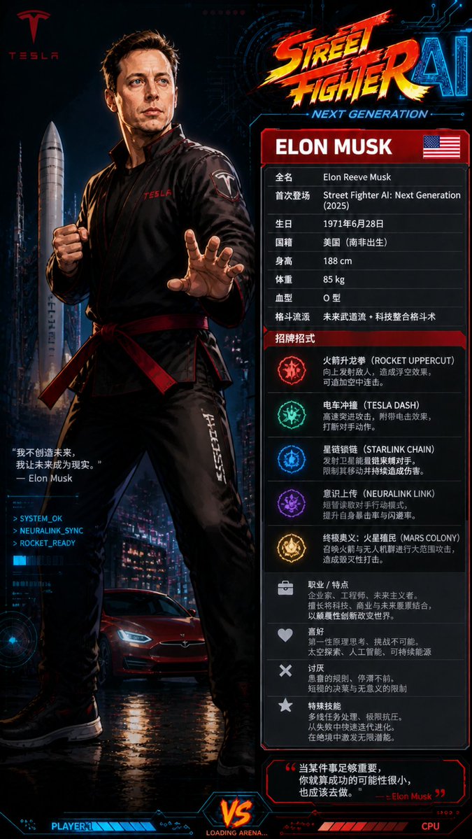 mngtin2572494's tweet image. #Streetfighter 《Street Fighter AI: Next Generation》DLC 系列 · 第二位参战者揭晓！ELON MUSK @elonmusk 
未来主义派终极代表，Tesla + xAI 科技格斗流！
招牌招式：
• 火箭升龙拳 —— 发射升空重创
• 电车冲撞 —— 高速突进 + 电击效果
• 星链锁链 —— 限制对手移动
• 意识上传 ——