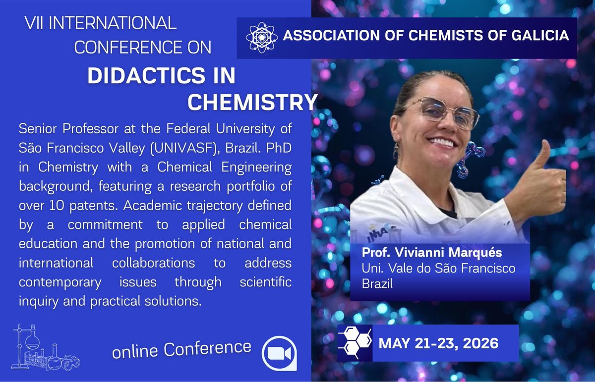 SanmartinJuan's tweet photo. 🔬 ¡Conoce a nuestros ponentes plenarios!
La Prof. Vivianni Marqués (Universidad Vale do São Francisco · Brasil (@_univasf) es doctora en Química con formación en Ingeniería Química y más de 10 patentes en su haber. 
📅 21-23 de mayo de 2026 · Congreso Online
#DidácticaQuímica https://t.co/bHMrK43PHh