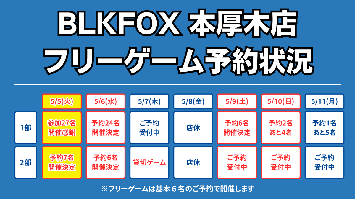本日は5/5【1部フリーゲーム】にご来店いただき、ありがとうご