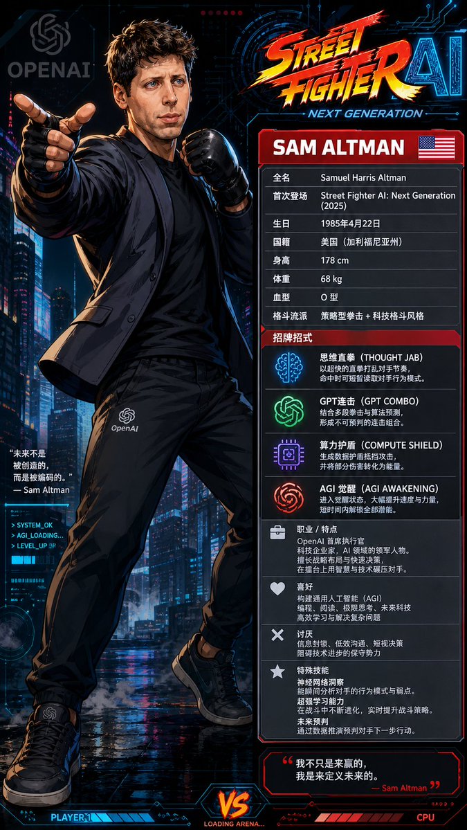 mngtin2572494's tweet image. #Streetfighter
《Street Fighter AI: Next Generation》DLC 系列 · 最新参战者揭晓！
SAM ALTMAN @sama  OpenAI 首席执行官，策略型拳击 + 科技格斗风格降临！ 
 招牌招式：
• 思维直拳 (THOUGHT JAB) —— 超快直拳打乱对手节奏，瞬间读取行为模式
• GPT连击 (GPT COMBO) —— 多段拳击 +