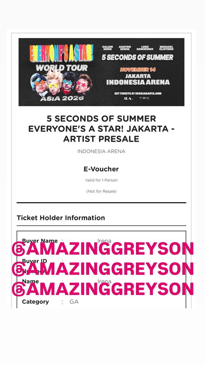 AmazingGreyson's tweet photo. WTS 5SOS EAS TOUR JAKARTA 
1 GA ticket
Price 2.5jt (boleh nego)

Kelebihan beli, pake data pribadi, tuker tiketnya bisa bareng 
Dm for details 

#5sos #5sosjakarta https://t.co/dA3lwmPCkW