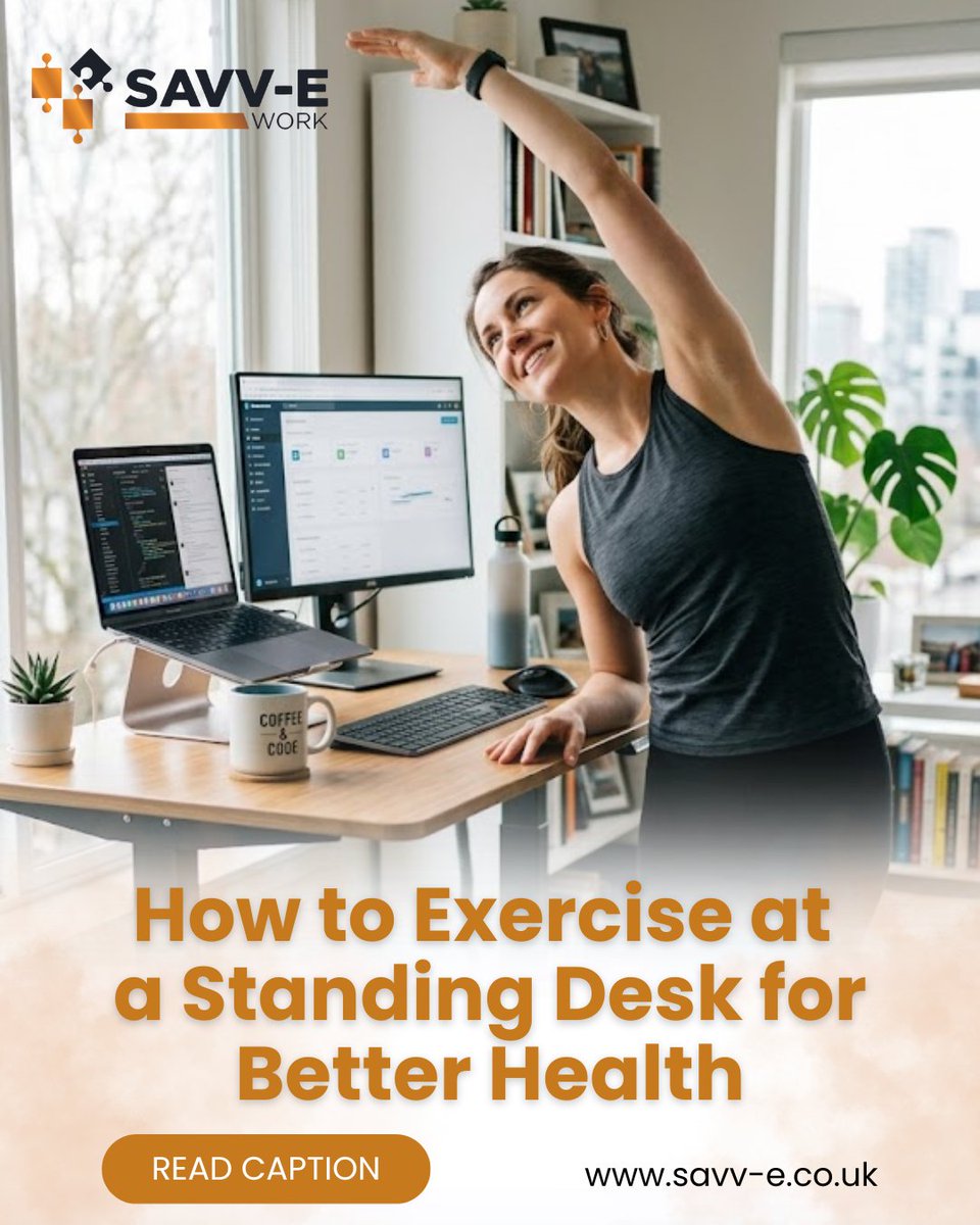 savvework's tweet photo. Move more while you work. 🏃‍♂️ 

Standing desk exercise is about small, consistent movements.

Try stretching, calf raises, shoulder rolls, or shifting your weight to boost circulation and reduce stiffness.

 👉 https://t.co/mEwOxKiBI5

#savvework #standingdesk https://t.co/qH8wHW6392
