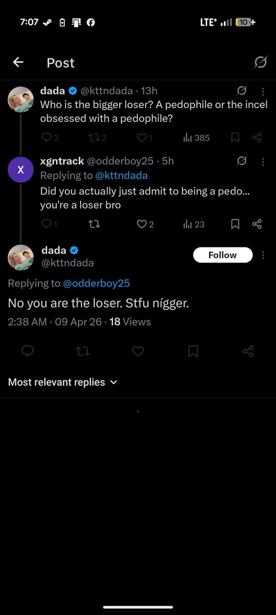 djsbfbfj's tweet photo. @fallingunicorn @kttndada Why are you interacting with a racist pedophile? https://t.co/UEc4z0Vtem