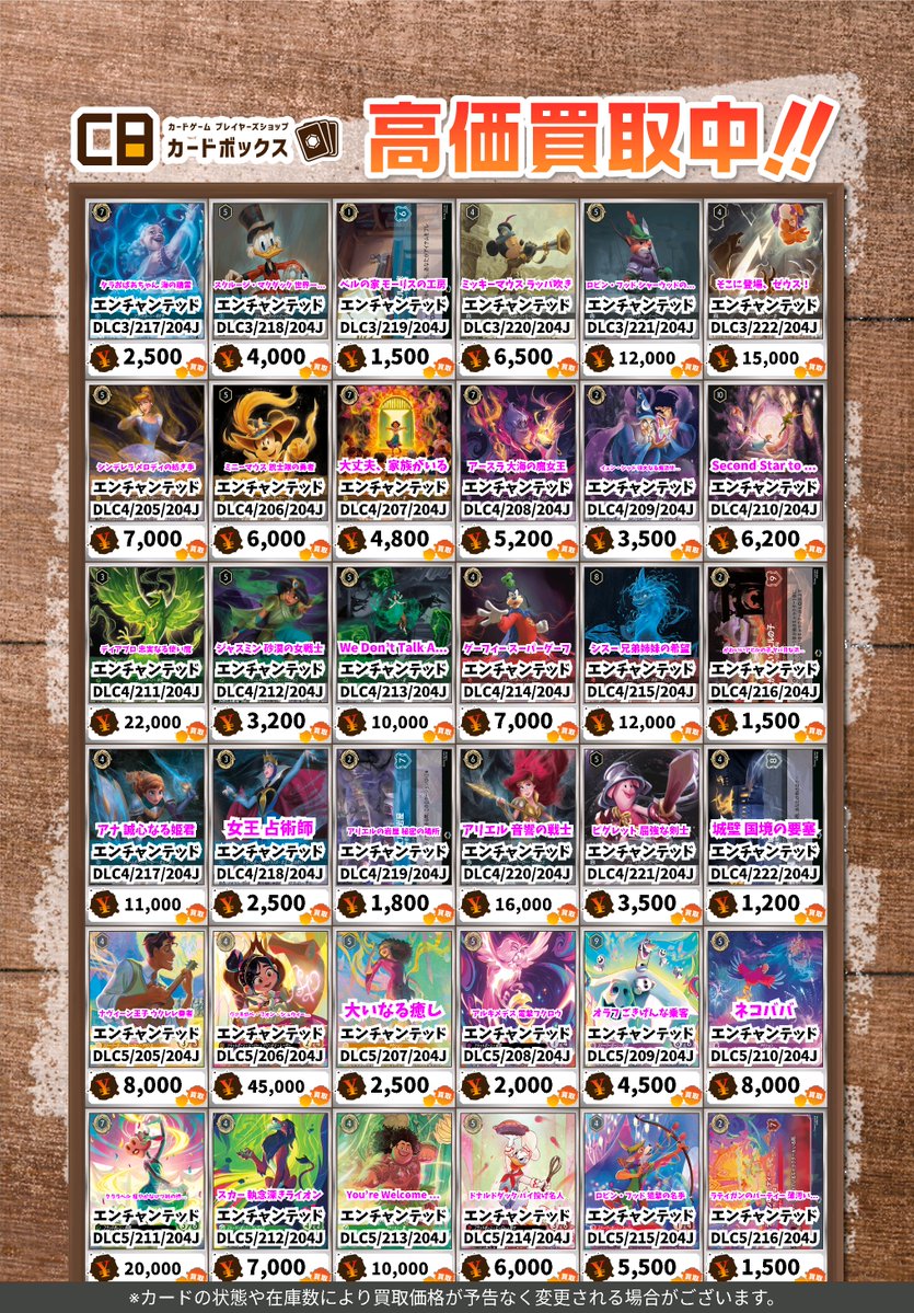 🏰🏰#CBオーサカ店ロルカナ買取表🏰🏰 #ディズニーロルカナ ※状態や