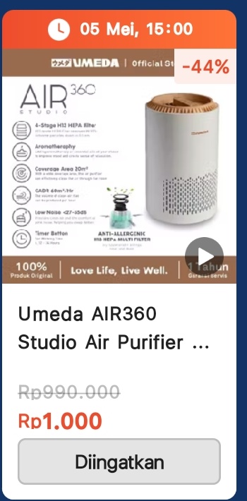 Codegeazs's tweet photo. Flash sale Umeda AIR360 Air Purifier cuma seribu rupiah

🕒 15.00 WIB

https://t.co/6Dzi00uKqR https://t.co/ZBgBSRZpQW