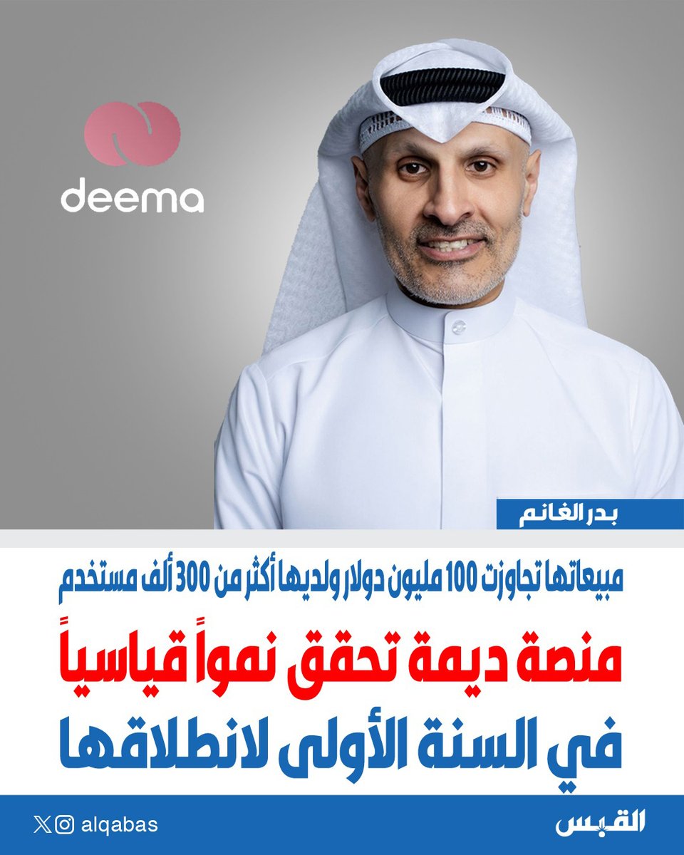 alqabas's tweet photo. منصة #ديمة تحقق نمواً قياسياً في السنة الأولى لانطلاقها

• مبيعاتها تجاوزت 100 مليون دولار.. ولديها أكثر من 300 ألف مستخدم

@paydeema 

https://t.co/QeFUX4IiHu https://t.co/jvhpRet4q6
