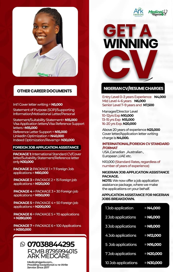 jon_d_doe's tweet photo. Don't be at a tight spot when an opportunity comes!
 
You don't want to start running up and down looking for where to quickly make a CV/Resume!

Your CV is one of the most important documents to have handy with you. 

You don't tell a recruiter '' I'll get back to you with my CV''.

It's time to get your own brand new CV. 

Let's revamp your CV for you today. 

Count on MedicalNigeria for your Career documents preparation, including getting you a professional standard CV, cover letter, SOP and more.

Services are not limited to healthcare professionals! 

Your CV is your first impression, and in today’s competitive market, it must be ready, professional, and outstanding.

IT’S TIME TO UPGRADE YOUR CV!

At MedicalNigeria, we help you stand out with:
✔ Professionally written CV/Resume
✔ Compelling Cover Letter
✔ Strong Statement of Purpose (SOP)
✔ Tailored documents for multiple industries/Niches/Job roles

Our services are not just for healthcare professionals, we deliver results across ALL career fields.

Get started today, chat up via:

https://t.co/c7BzAyLdMF

Say: “From Agba’s page on X”

Starting charge is 5,000 naira only.

T&Cs Apply!