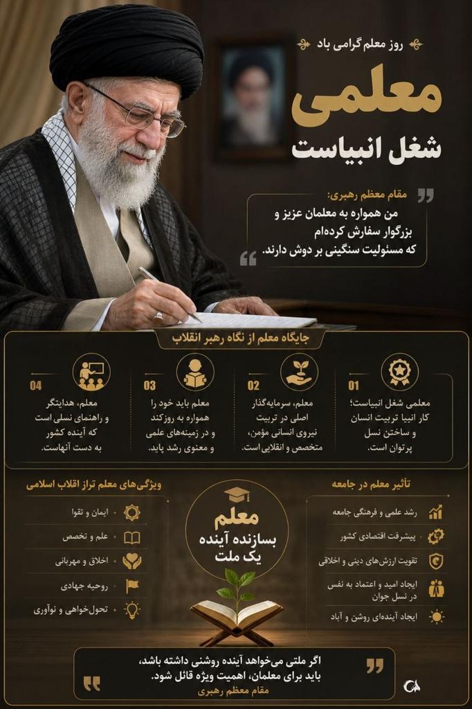 معلمی شغل انبیاست
مقام معظم رهبری:
من همواره به معلمان عزیز وبزرگوار سفارش
 کرده ام که مسولیت سنگینی بر دوش دارند
#سپاس_معلم