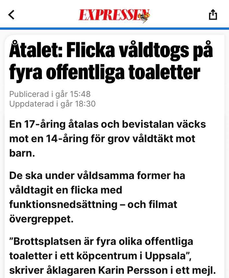 Det här är ett vidrigt våldsbrott mot en funktionsnedsatt flicka.  Övergreppen mot flickan filmades och utfördes av en 17-årig och en 14-årig pojke.

De borde få kännbara straff och inte vara ute i frihet då de är en fara för andra. Och för att det vore rättvist för flickan som