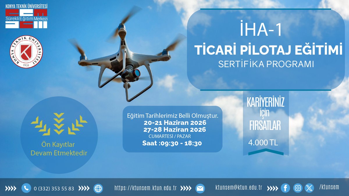 ktunsem's tweet photo. KTÜNSEM bünyesinde; İHA-1 Ticari Pilotaj Eğitimi Sertifika Programı 20-21 Haziran &amp; 27-28 Haziran 2026 (Cumartesi-Pazar) tarihlerinde Hafta sonu Grubu Eğitimlerimiz açılacaktır. https://t.co/VOcfnk3YZO