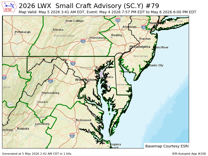 LWX continues Small Craft Advisory for Chesapeake Bay from Pooles Island to Sandy Point MD, Chesapeake Bay north of Pooles Island MD, Chester River to Queenstown MD [AN] till May 6, 6:00 PM EDT mesonet.agron.iastate.edu/vtec/f/2026-O-…