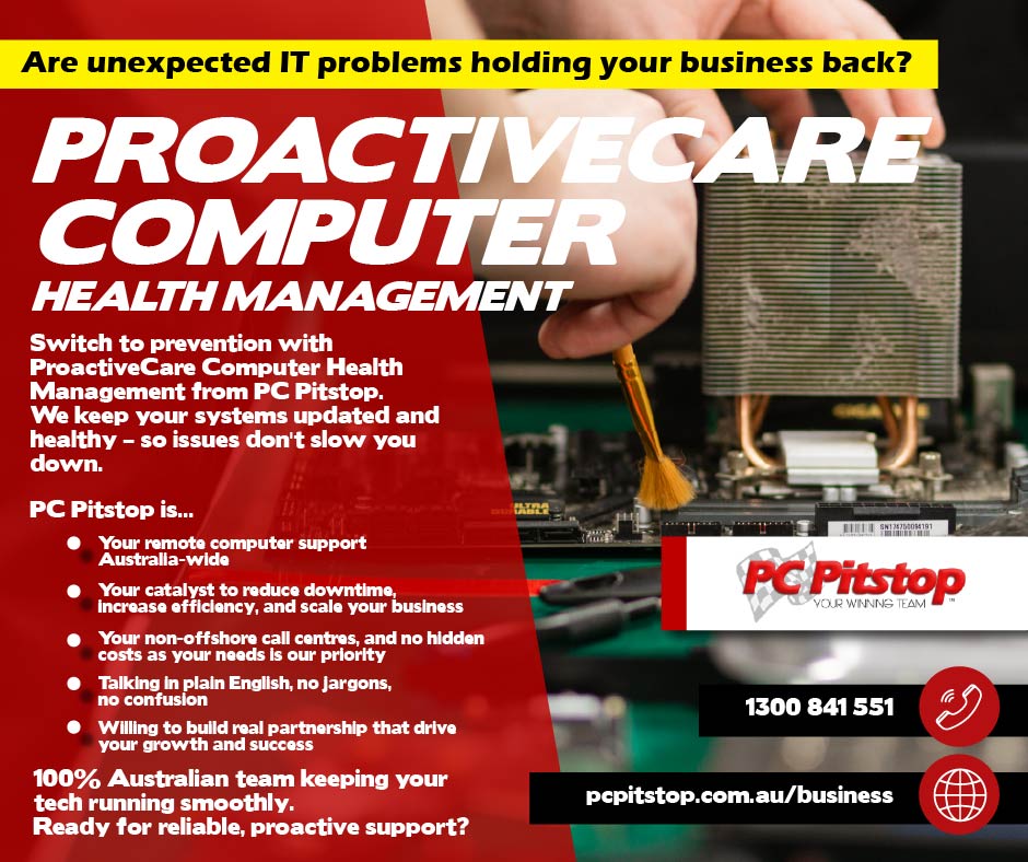 pcpitstopaus's tweet photo. Sign up for ProactiveCare Computer Health Management with PC Pitstop today and give your devices the ongoing care they deserve.
#ProactiveCare #ComputerHealth #PCMaintenance #ITSupport #PCPitstop #ComputerServicing #TechManagement #AustralianBusiness #CyberSafety #BusinessIT https://t.co/WA5qg2zjjH