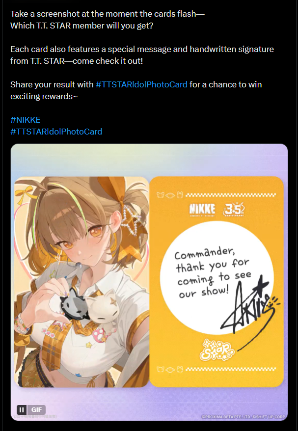 Ashbaka_'s tweet photo. @NIKKE_en Brightest Star !! <3
#TTSTARldolPhotoCard https://t.co/xUE9oH0dK4