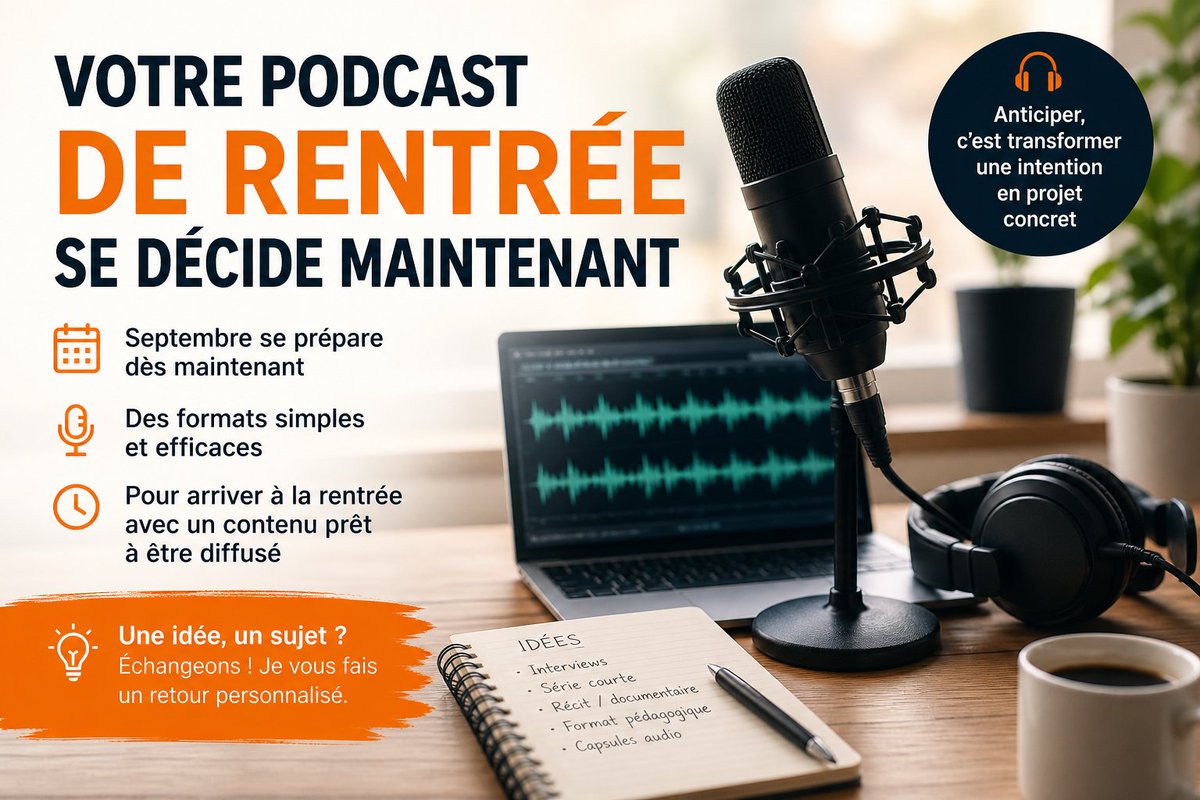 SChauveau44's tweet image. Si vous envisagez de lancer un #podcast à la rentrée, retenez ceci : les projets qui fonctionnent en septembre se préparent dès maintenant.
#Interviews, #séries, #récits, formats courts… le bon format se trouve vite.
Anticiper, c’est transformer une idée en projet.
Parlons-en.