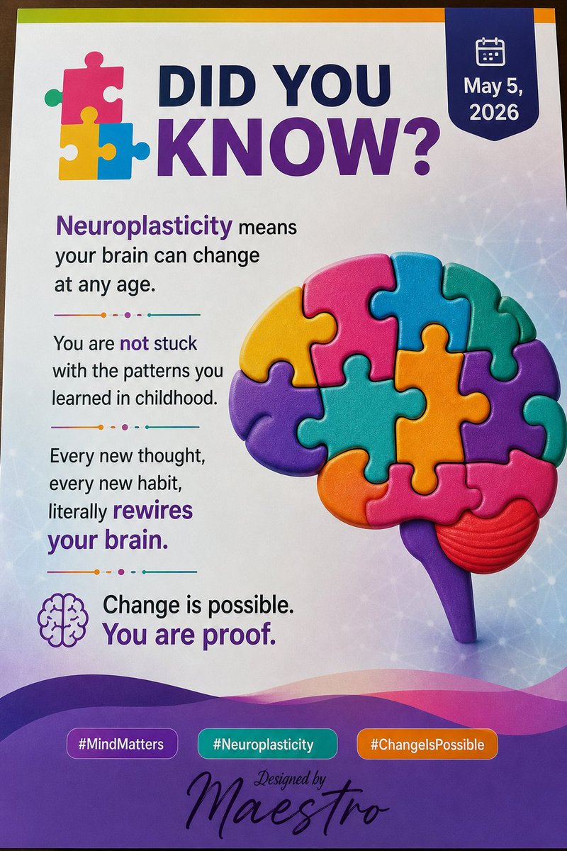 fabriceirad's tweet photo. Neuroplasticity means your brain can change at any age.
You are not stuck with the patterns you learned in childhood.
Every new thought, every new habit, literally rewires your brain.
Change is possible. You are proof.
#MindMatters #Neuroplasticity #ChangeIsPossible https://t.co/KI1ykaZoCr