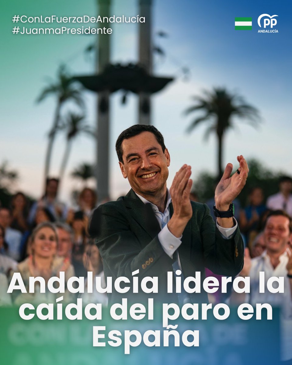 ppandaluz's tweet photo. 👏🏽 Andalucía lidera la caída del paro en España con casi 22.400 desempleados menos.

Con @JuanMa_Moreno se alcanza el mejor dato desde 2008.

¡Seguimos!

https://t.co/CzjkTUx1x4

#ConLaFuerzaDeAndalucía 
#JuanmaPresidente https://t.co/4tqbNDzMdG