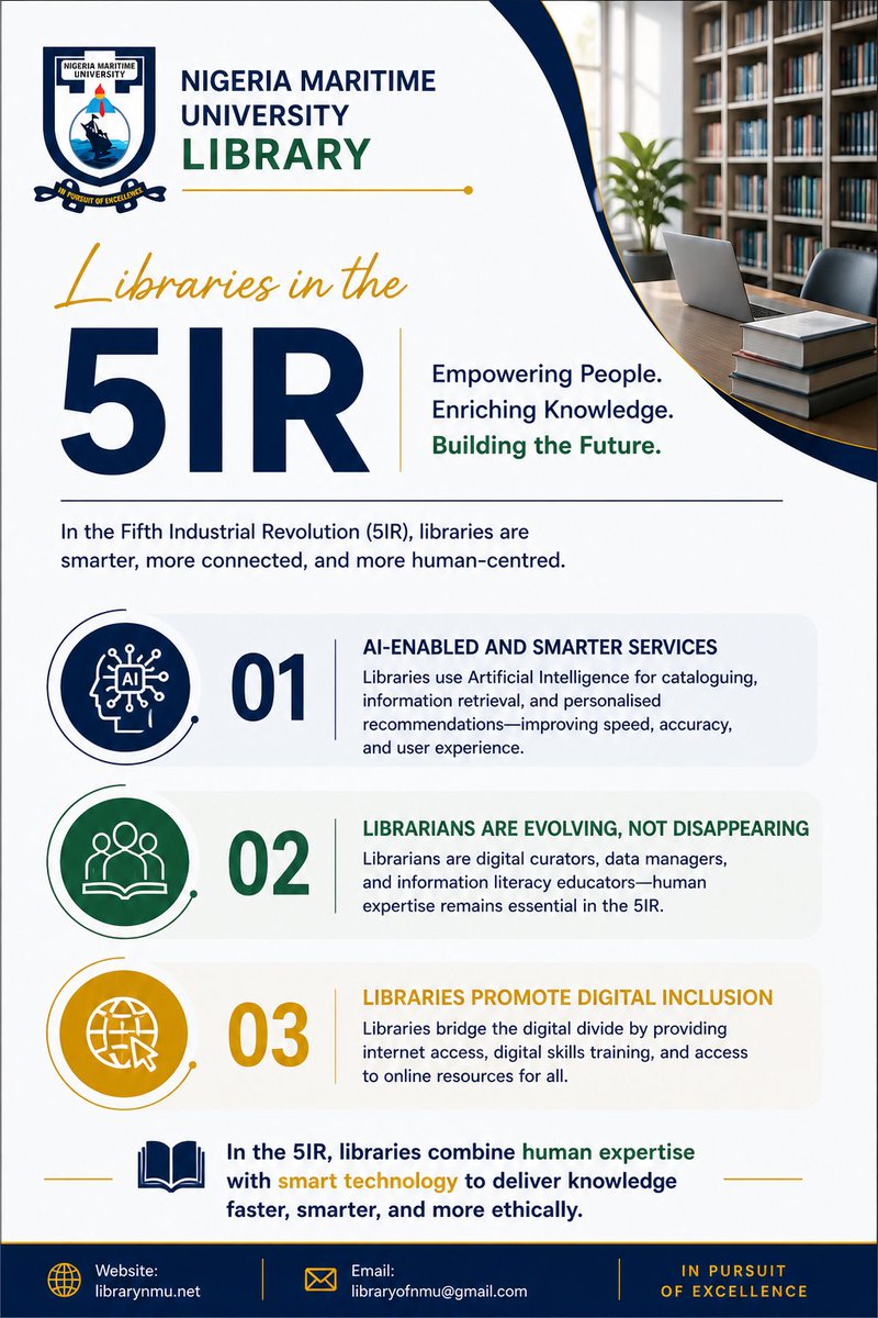 LibraryofNmu756's tweet photo. Libraries are evolving in the Fifth Industrial Revolution (5IR).

At NMU Library, we are embracing smarter, more human-centred services to support learning and research.

#NMULibrary #LibrariesIn5IR #SmartLibraries #AcademicLibraries #InnovationInEducation https://t.co/Hovt7VWC1W
