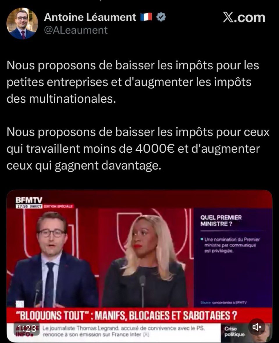 Le saviez vous ? 🇫🇷

La <a href="/FranceInsoumise/">La France insoumise</a> compte baisser les impôts de 92% des foyers du pays grâce à un nouveau découpage en 14 tranches, mais aussi pour les PME-TPE qui sont lésées par rapport aux grands groupes.