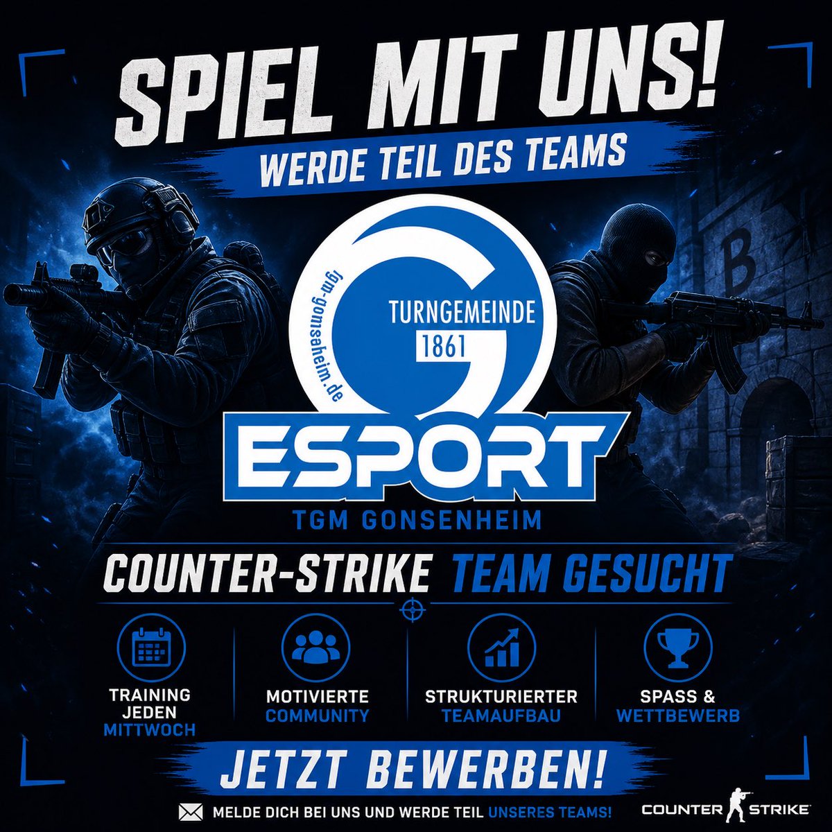 esport_mainz's tweet image. 🎮 Spielst du Counter-Strike und suchst ein Team?

Wir von TGM Gonsenheim E-Sport bauen aktuell ein neues CS-Team auf – und suchen genau DICH!

#Esport #CounterStrike #CS2 #TeamUp #GamingCommunity #Mainz #Gonsenheim