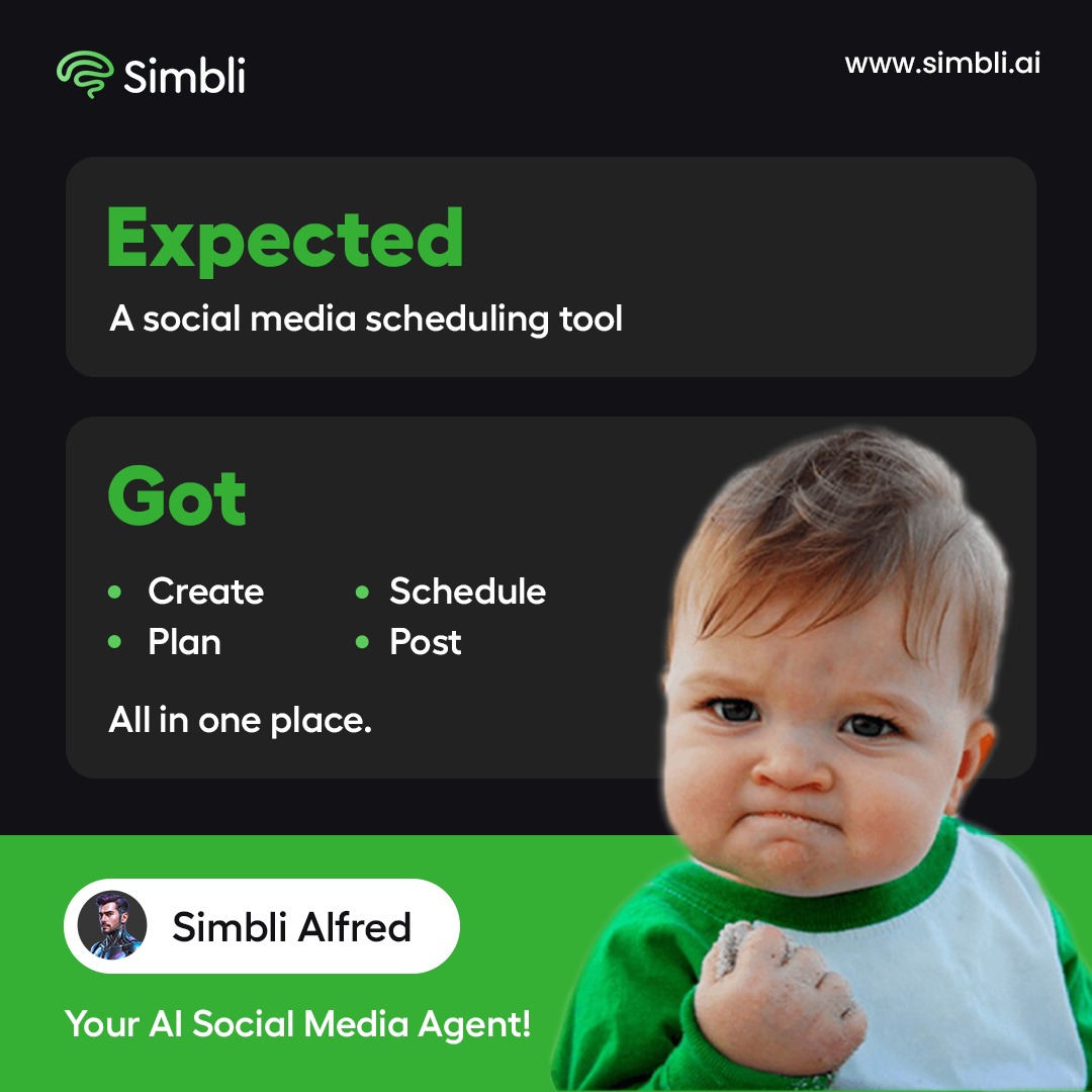 Simbli_ai's tweet photo. What you expected: a basic tool to schedule posts.

What you got: SimbliAI Alfred - an AI Social Media Agent built to do more.

With Simbli Alfred, your social media workflow becomes faster, smarter, and simpler. 

#simbliai #simblialfred #aisocialmediaagent #contentautomation https://t.co/dZAw1kc6qC