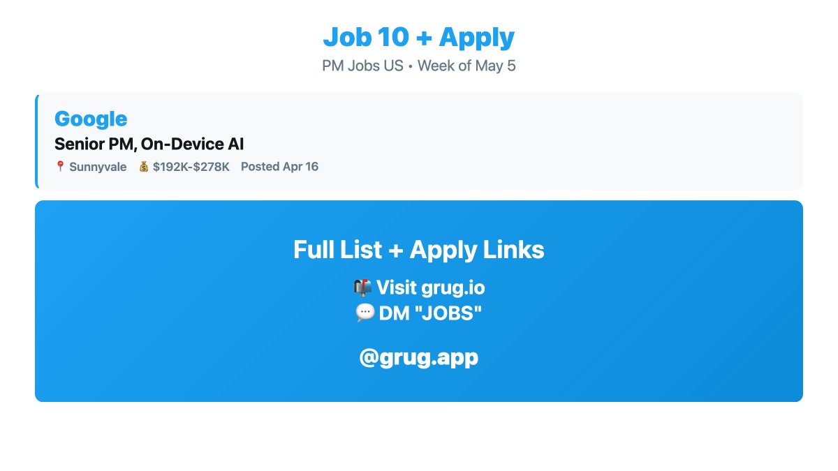 10 Product Manager jobs in the US from Meta, Ramp, Salesforce, Adobe, LinkedIn.

Salaries up to $320K. SF, Seattle, NYC.

All recent postings.

Full list: grug.io/post/product-m…

Updated every Monday.