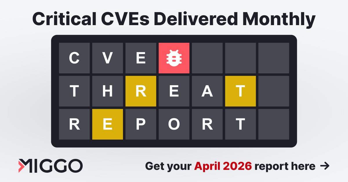 MiggoSecurity's tweet photo. Here's the 𝗠𝗶𝗴𝗴𝗼 𝗖𝗩𝗘 𝗧𝗵𝗿𝗲𝗮𝘁 𝗥𝗲𝗽𝗼𝗿𝘁 for April!

Our AI-powered analysis engine detected:
🔍 𝟰𝟱𝟬+ total vulnerabilities
🔴 𝟰𝟰 critical issues
🟠 𝟭𝟮𝟴 high-severity issues
📊 𝟳.𝟮 average CVSS score

See the 10 highest-severity threats you cannot afford to miss 👉 https://t.co/WiyJ4ErxmA

For the the whole picture, take a look at our 𝗩𝘂𝗹𝗻𝗲𝗿𝗮𝗯𝗶𝗹𝗶𝘁𝘆 𝗗𝗮𝘁𝗮𝗯𝗮𝘀𝗲: 
🔗 https://t.co/w3BdrsXKtJ

#AppSec #CVEReport #MiggoSecurity #RuntimeSecurity #CyberSecurity