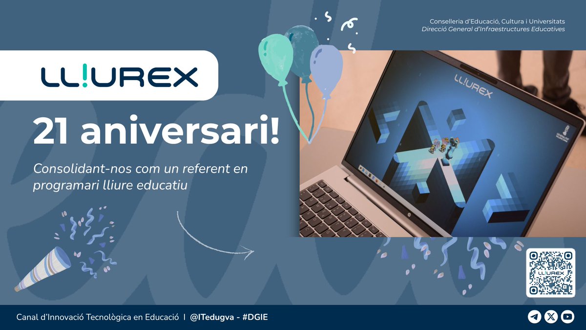 ITedugva's tweet photo. 🗞️🐭LLIUREX

🎉 Celebrem 21 anys! 🎉

🖥️ Consolidant-nos com un referent en programari lliure educatiu

🚀 Durant estes dues dècades, hem acompanyat la comunitat educativa impulsant entorns digitals oberts, segurs i adaptats a l’aula, amb presència ja en més de 300.000 equips https://t.co/bIuYokk3gu