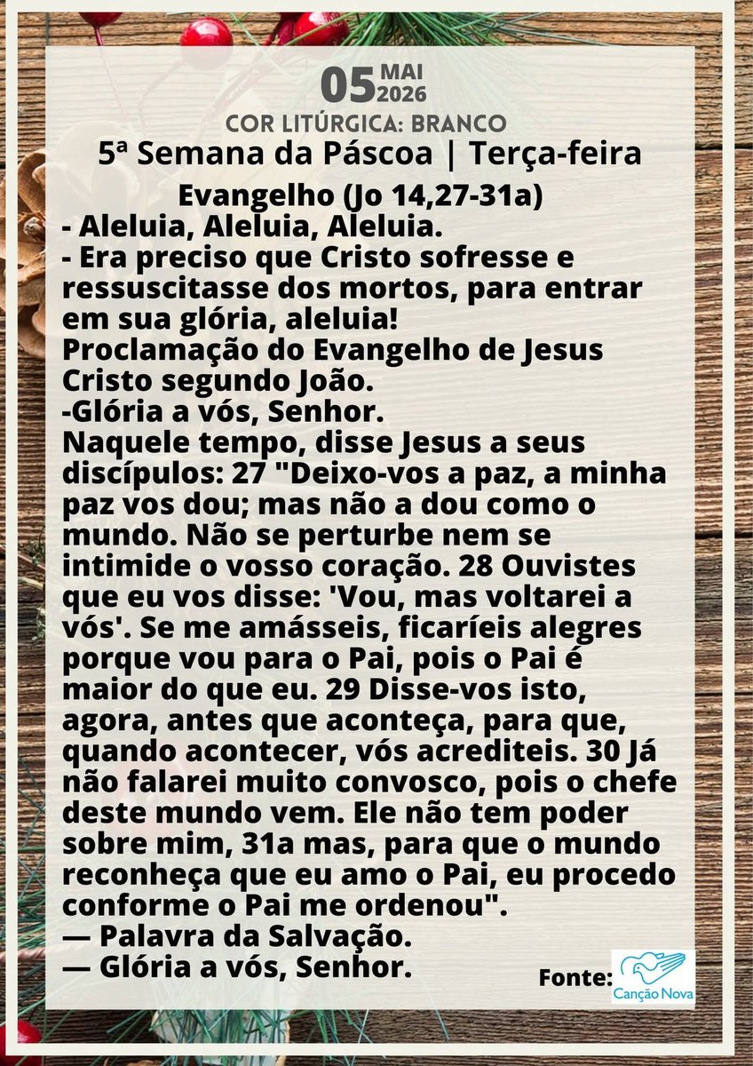 LucivaldoJr's tweet photo. Terça-feira, 05.MAI.2026
Bom dia, Amigos(as)!
Sugestão para leitura:
Evangelho de São João 14,27-31
#EvangelhoDoDia
#TempoPascal
#VSemanaDaPáscoa
#AnoJubilarFranciscano
#SãoFrancisco800Anos https://t.co/veUMAlPCnF