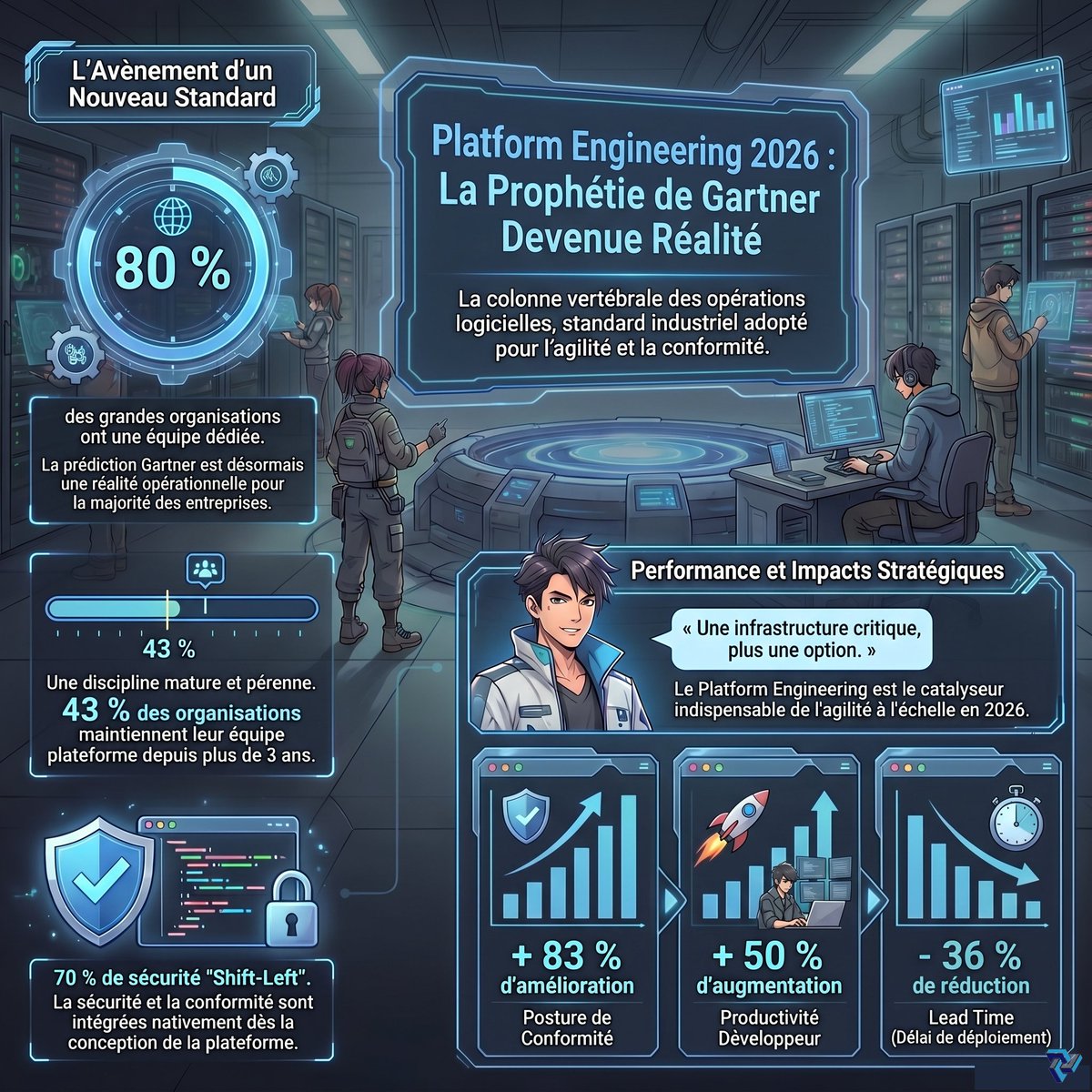 PROXYDISAI's tweet image. La prédiction Gartner 2024 : 80% des grandes orgs avec une équipe Platform Engineering d'ici 2026. C'est réalisé. Résultat : +50% productivité dev, +83% conformité, -36% lead time. Source : Puppet State of DevOps 2024. #DevOps #PlatformEngineering