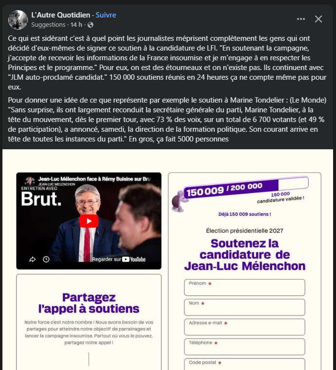 Très bonne comparaison. "Ils continuent avec "JLM auto-proclamé candidat." 150 000 soutiens réunis en 24 heures ça ne compte même pas pour eux."