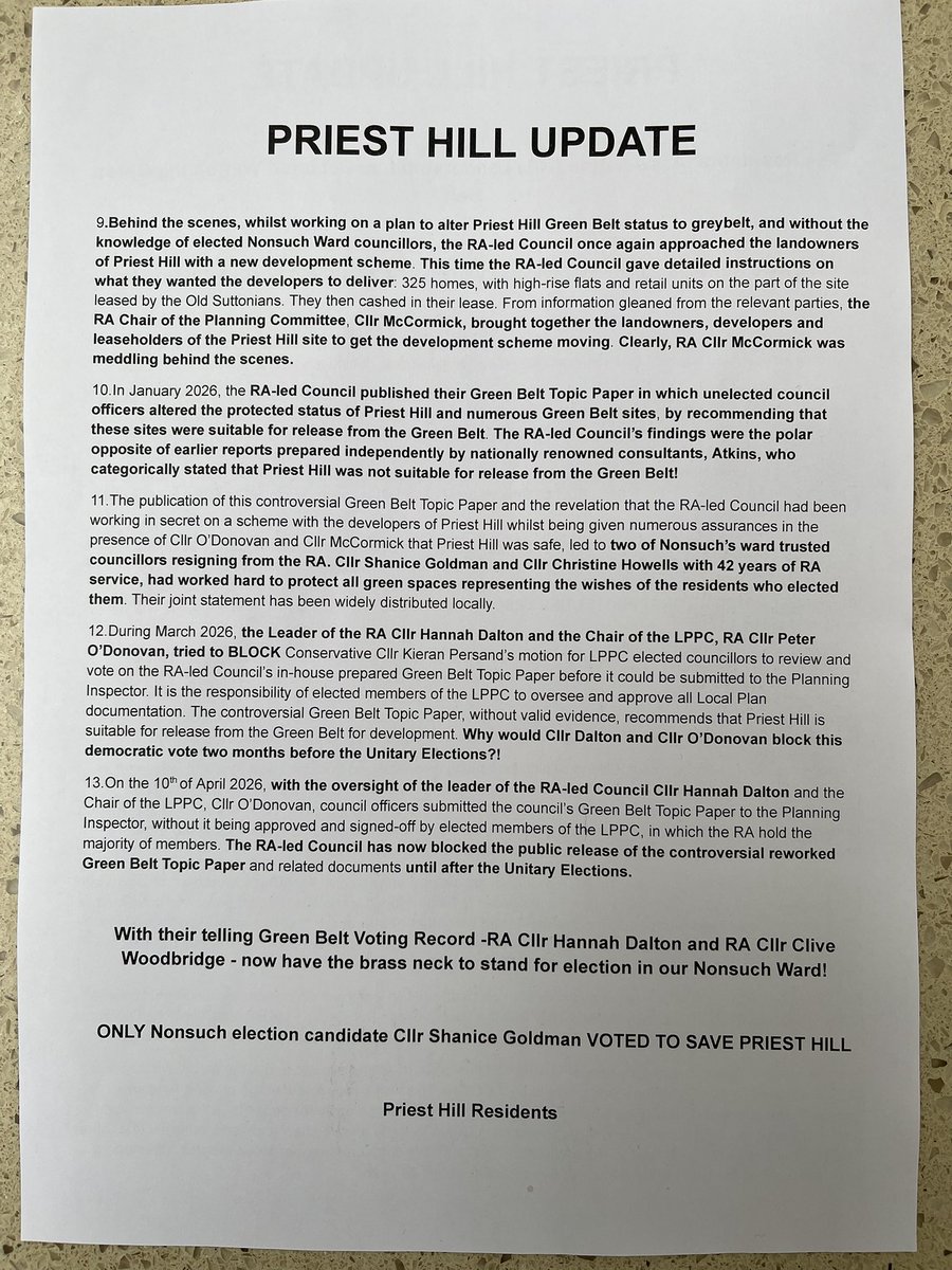 reformewell's tweet photo. Epsom and Ewell “RA Leadership has declared war on the green belt”.  Shocking betrayal of the local residents. I would act on day 1 to get all meeting minutes related to this published on the council website for all to read. https://t.co/IHTXHcZ999