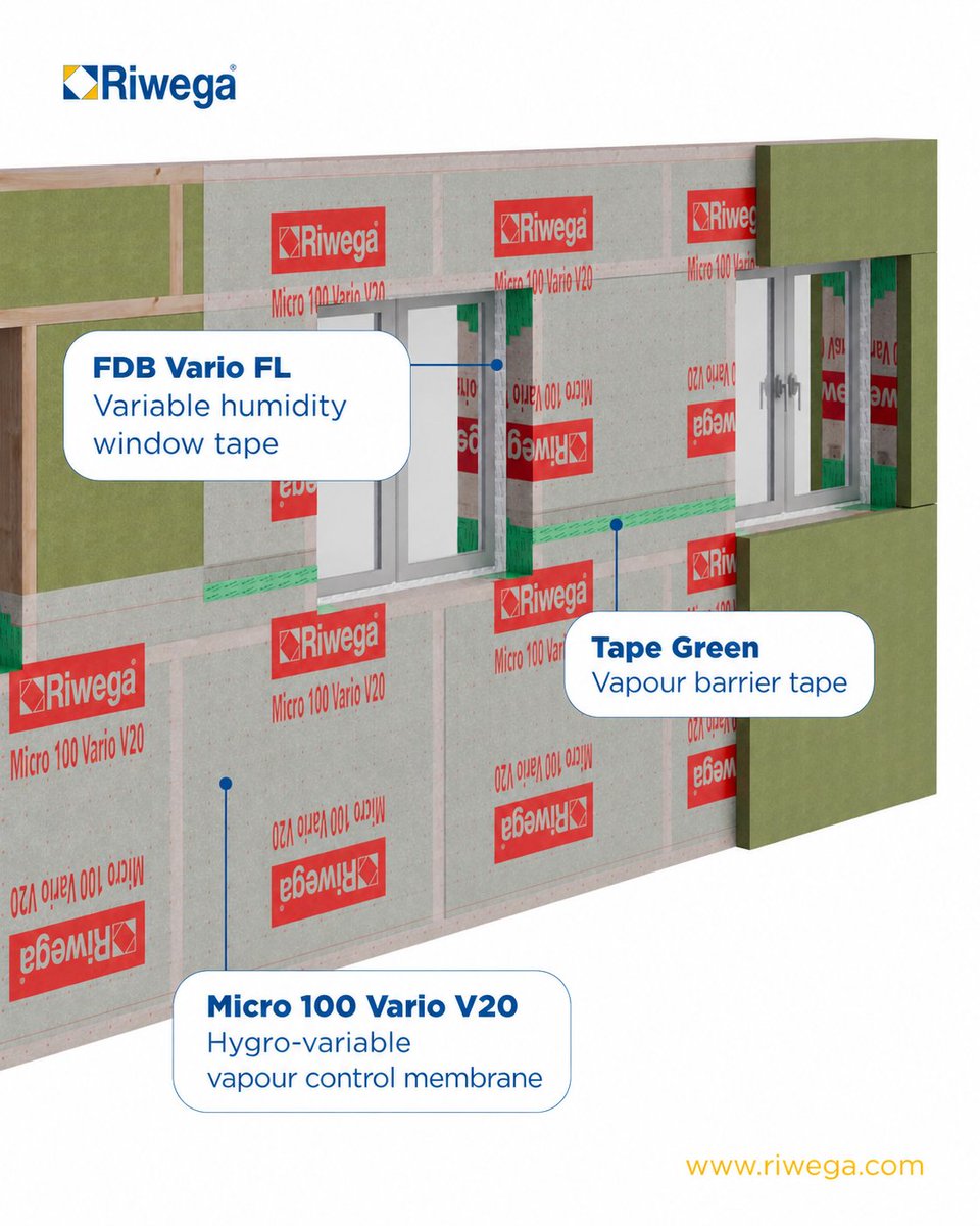 TimbecoW's tweet photo. In the Akadeemia tee reconstruction project, quality is not defined only by what is visible on the façade – but also by what remains inside the structure.
In the elements produced at Timbeco factory, we implemented well-considered @Riwega window sealing and airtightness solutions:
• Riwega Micro 100 Vario – a hygroscopic vapour barrier that adapts moisture permeability based on environmental conditions
• Riwega Tape Green – a high-adhesion internal tape ensuring airtight connections
• Riwega FDB Vario – a window tape providing water-, wind- and airtight sealing for both interior and exterior applications
These solutions are not just details – they regulate the building’s moisture performance, improve #airtightness, and help ensure long-term durability.
#Timbeco #prefab #timberconstruction #energyefficiency #construction #renovation #reconstruction #sustainablebuilding