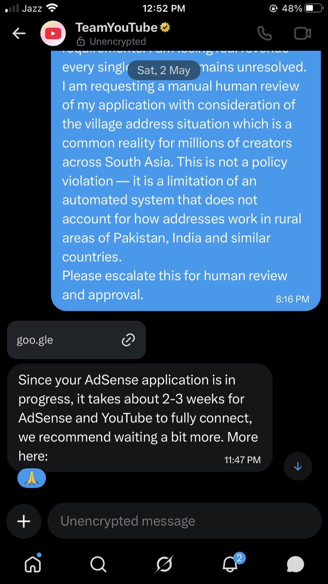 RazaYTA's tweet photo. @TeamYouTube 
4th AdSense rejection in 5 weeks.
You say “something is wrong” — but WHAT exactly?

Flagging “duplicate account” when I never made one (applied via YouTube Studio).

How am I supposed to fix an issue you won’t explain? https://t.co/zV0KgxnuIY