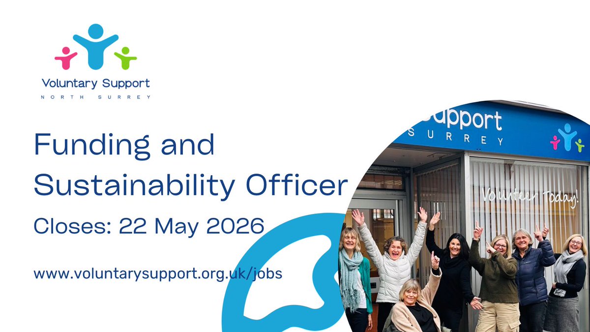 volsupportns's tweet photo. We're hiring! 

Are you an experienced fundraiser? Join us as a Funding &amp; Sustainability Officer - you'll support voluntary organisations across North West Surrey to build sustainable futures. 

Closing date: 22 May 2026. 
More details and to apply: https://t.co/xYf6Pktc0A https://t.co/iRtph0e6vS