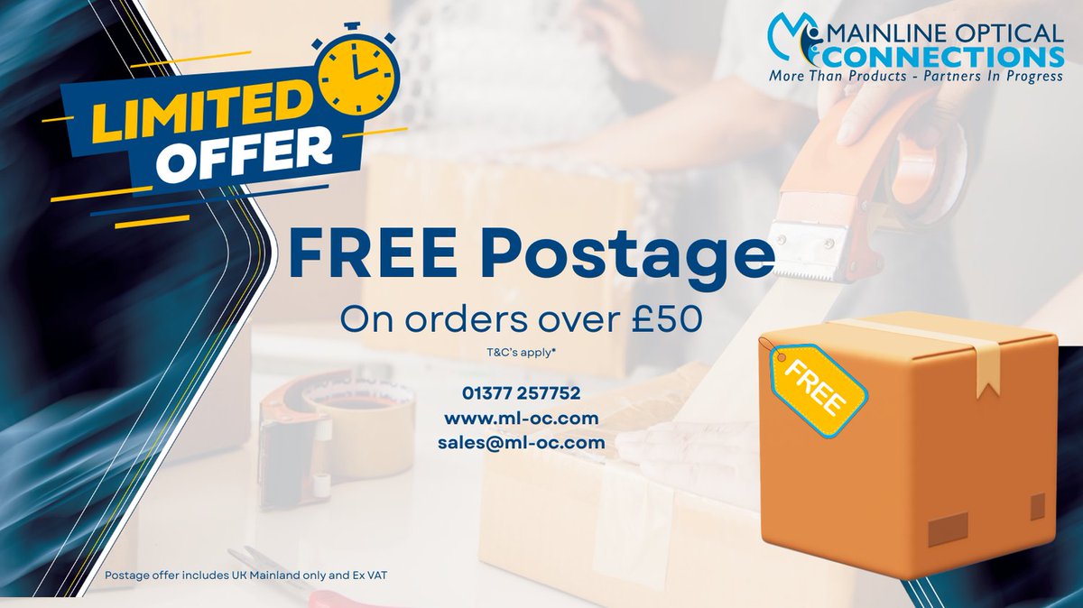 MainlineOptical's tweet photo. Restock and Save with Mainline Optical Connections
Enjoy FREE postage on orders over £50 throughout May.
T&amp;C's apply 
Call today 01377 257752 https://t.co/BuZgeirCDu