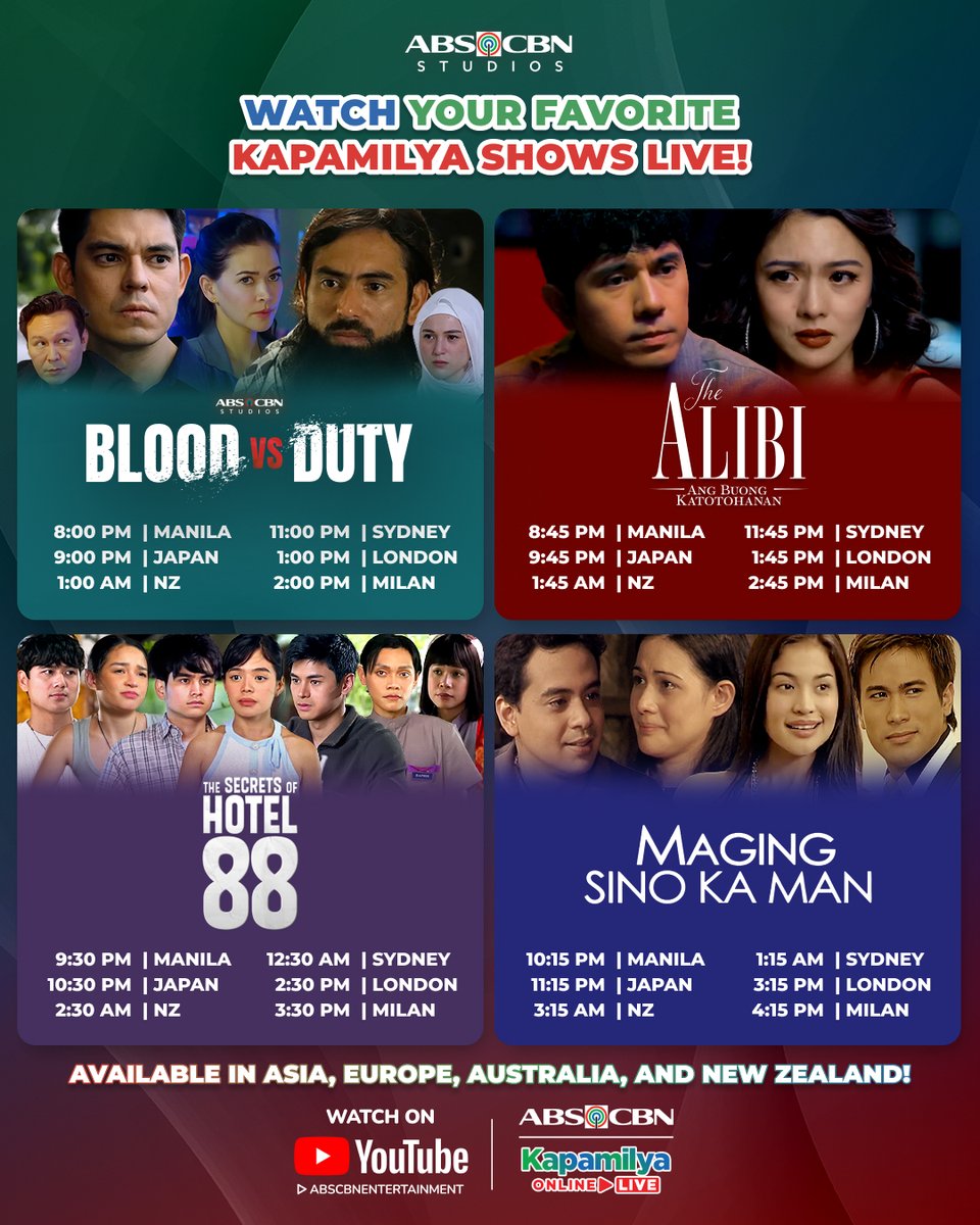 ABSCBN's tweet image. Nagkakaisa na ang mga puwersa sa #PrimetimeBida! 🤝
 
Watch #BloodVsDuty, #TheAlibiAngBuongKatotohanan, #TheSecretsofHotel88, and #MagingSinoKaMan LIVE on #KapamilyaOnlineLive!