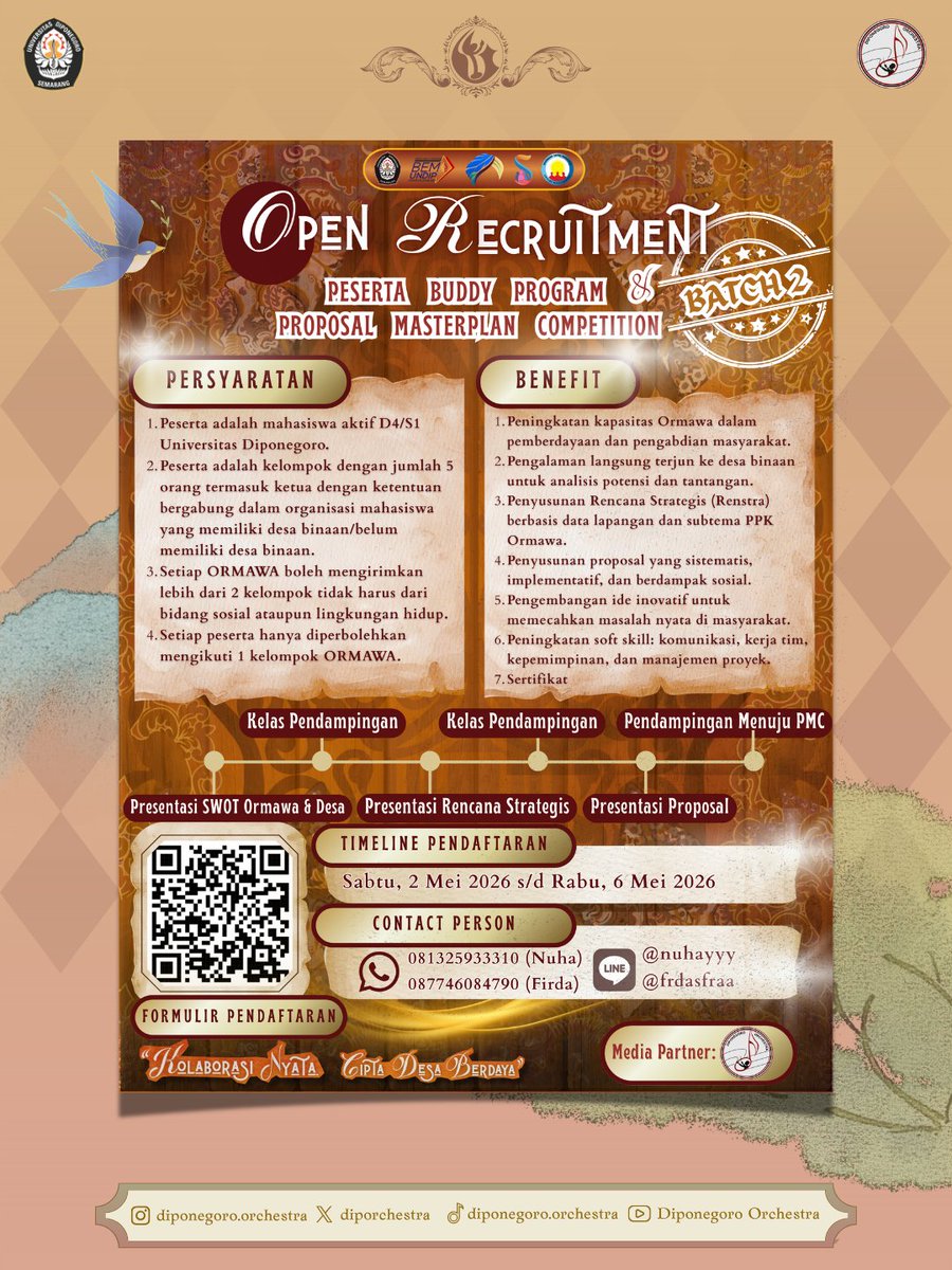 Diporchestra's tweet photo. [🌱BUDDY PROGRAM &amp; PROPOSAL MASTERPLAN COMPETITION 2026 BATCH 2🌱]
Halo teman-teman Ormawa Undip! 👋
Pendaftaran Buddy Program (BP) dan Proposal Masterplan Competition (PMC) resmi
dibuka! 🚀 https://t.co/xTPARJKeDx