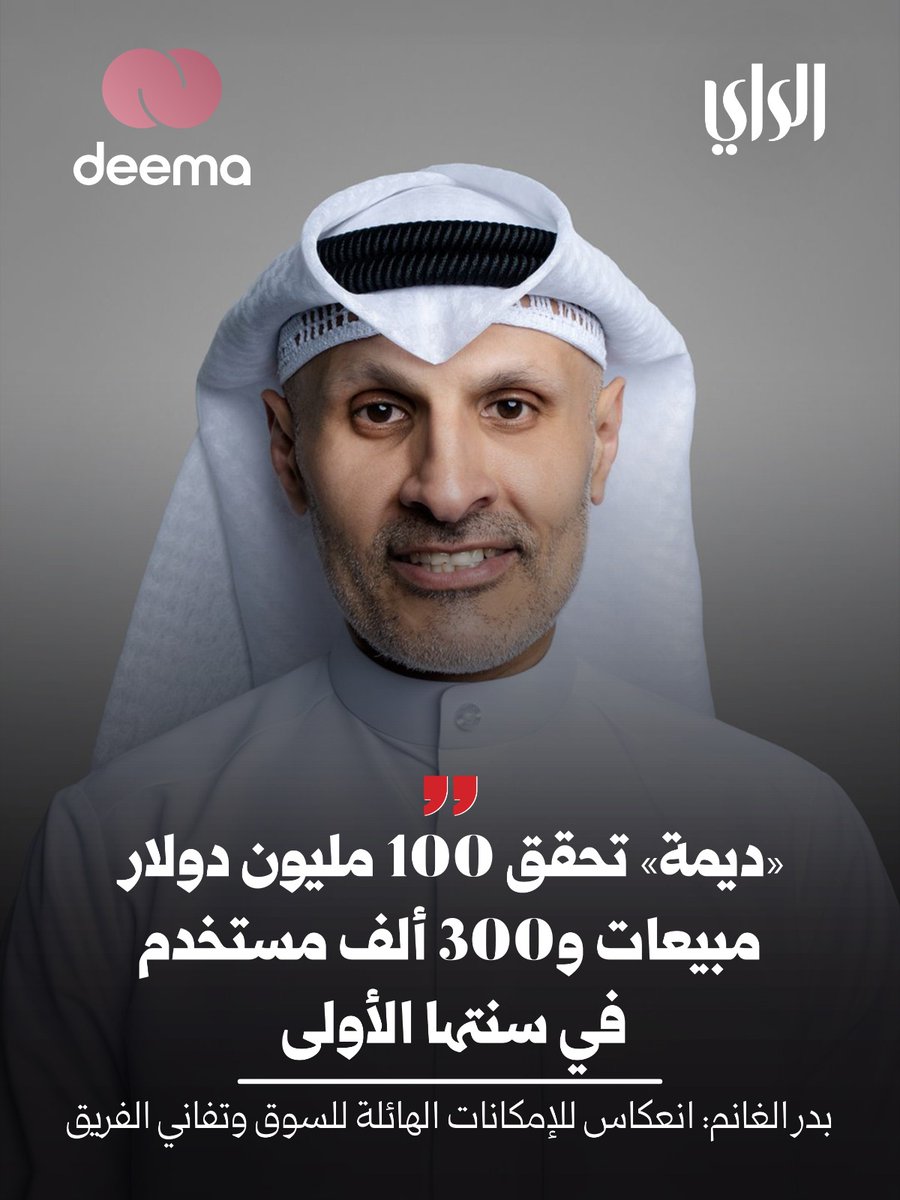 AlraiMediaGroup's tweet photo. «ديمة» في سنتها الأولى: 100 مليون دولار مبيعات و300 ألف مستخدم
@paydeema 
https://t.co/GmOOaM7QgC https://t.co/gte0CZuY8l