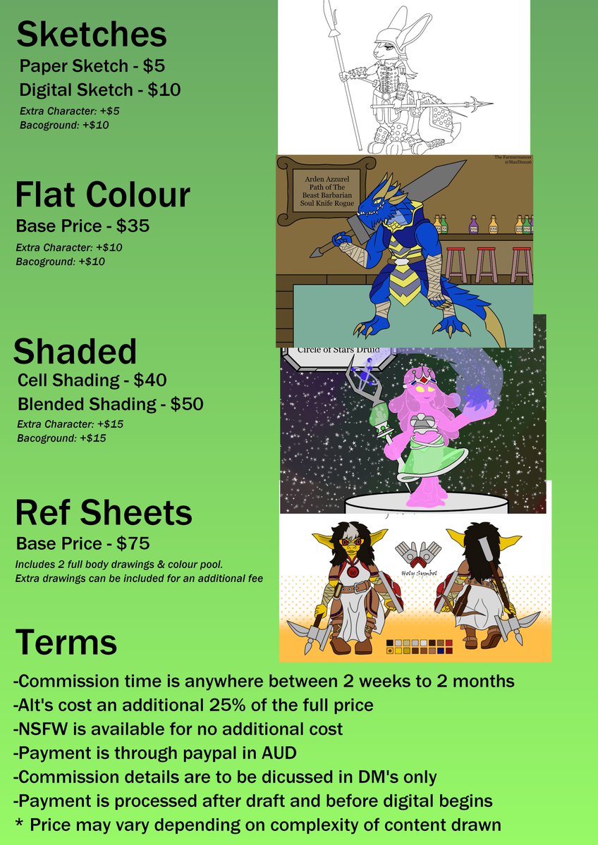 MaxDino26's tweet image. Commission are still open.

There is no limitation on slots.

Prices are in AUD. DM me if you wish to place an Order

#commission #art #digitalart #artist #commissionsopen #drawing #illustration #artwork #sketch #furry #digitaldrawing #oc #anime #furryart #commissionart #fantasy