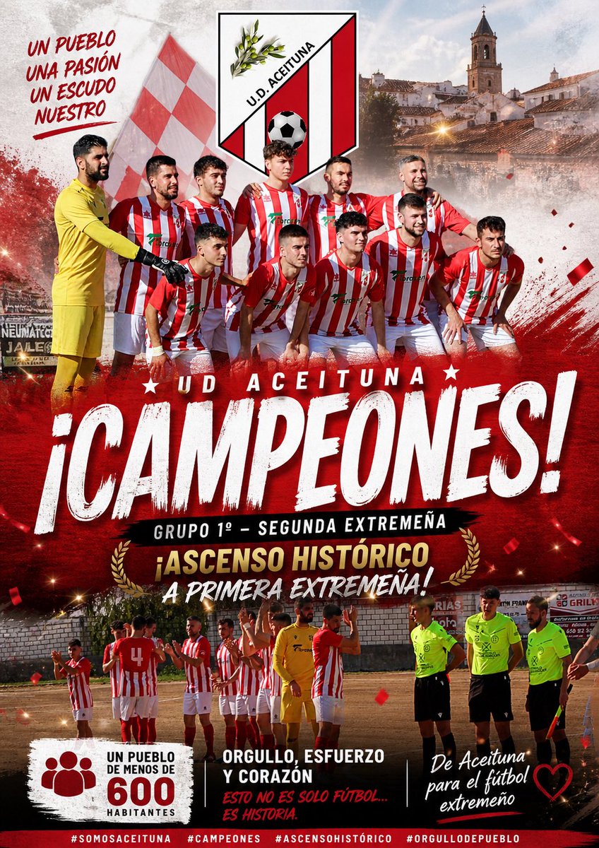 UD ACEITUNA
🔴⚪

¡CAMPEONES!
Grupo 1º – Segunda Extremeña

✨ Ascenso a Primera Extremeña ✨

Un sueño hecho realidad para un pueblo de menos de 600 habitantes.
Orgullo, esfuerzo y corazón.

💪 Esto no es solo fútbol… es historia.

<a href="/udaceituna/">U.D. Aceituna</a> 

#SomosAceituna #Campeones