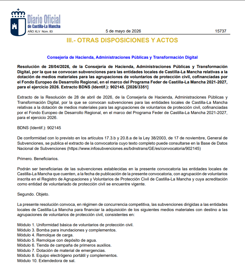 HaciendaCLM's tweet image. 🦺El #Gobierno de #CastillaLaMancha convoca #ayudas por cerca de 450.000 euros para dotar de #medios #materiales a las #agrupaciones de #ProtecciónCivil 

📝Tal y como publica hoy el #DOCM, la línea está #cofinanciada por el programa #FEDER 2021-2027.

ℹ️
castillalamancha.es/node/1003802