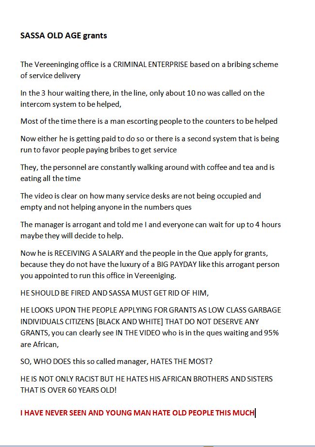 SPG_vH's tweet photo. @OfficialSASSA SASSA personnel hates old people WITH A PASSION
THE VEREENIGING BRANCH IS CRIMINAL STRUCTURE OF BRIBING FOR A SPOT in the QUE
As the manager told a group of us sitting in the Que for 3 hours it might take another 4 hours, IF THEY DECIDE TO HELP
LOOK AT THE VIDEO AND READ MY DOC https://t.co/ssceMzGim5