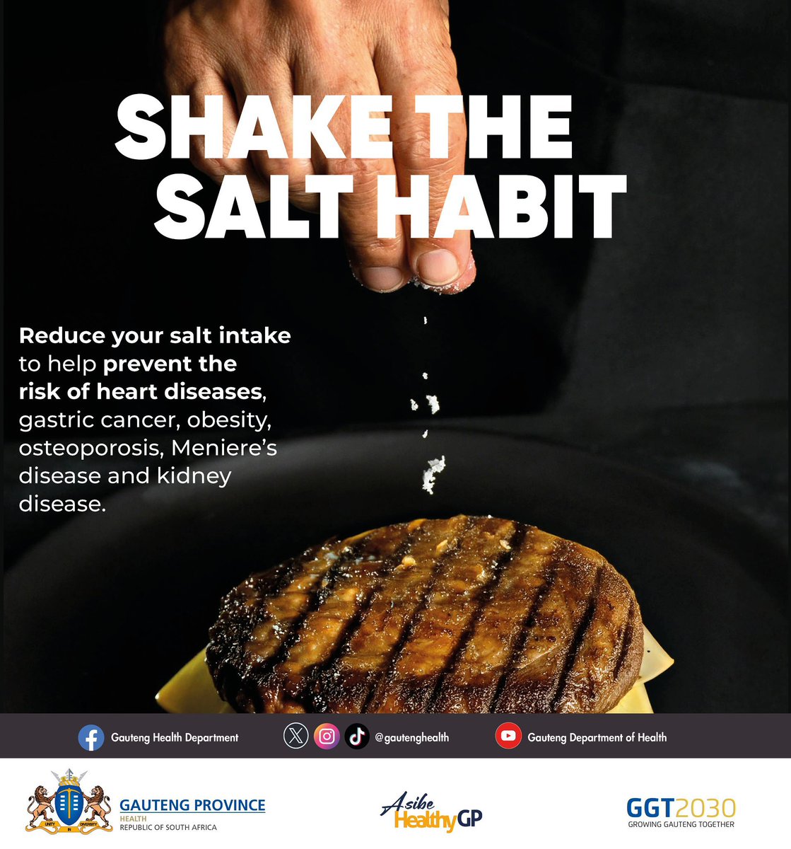 GautengHealth's tweet photo. Shake the salt habit achuz’, not only will your taste buds thank you but so will your body! #AsibeHealthyGP #ShakeTheSalt https://t.co/ica0cKHEHB