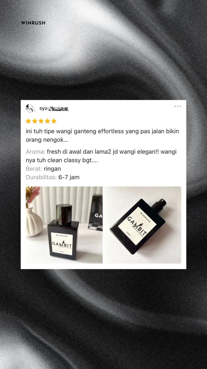 officialwinrush's tweet photo. Tentang parfum Gambit, kata mereka yang di shopee.

Ayokkk sekarang giliran kalian buat bagi pengalaman kalian bersama parfum Gambit!! https://t.co/PoZuDm9pWX