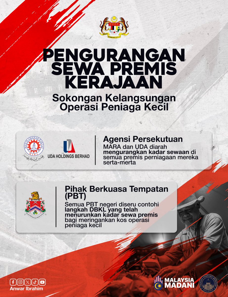 anwaribrahim's tweet photo. Mesyuarat Majlis Tindakan Ekonomi Negara (MTEN) hari ini memberi tumpuan terhadap tekanan kos sara hidup yang semakin dirasai rakyat ekoran krisis bekalan global yang kian meruncing.

Sehubungan itu, beberapa ikhtiar segera digerakkan Kerajaan MADANI:

🌾 Membela Pesawah
• Pendahuluan RM200 melalui Bantuan Khas Insentif Pembajakan bagi meringankan aliran tunai dan keperluan modal pesawah.

🌧️ Pembenihan Awan
• Agensi kerajaan termasuk TUDM dan BOMBA segerakan operasi di kawasan kritikal.

🏬 Pengurangan Kadar Sewa Premis Kerajaan
• Pengurangan kadar sewaan di premis perniagaan milik agensi Persekutuan, serta seruan kepada PBT untuk mencontohi langkah ini seperti yang dilaksanakan DBKL.

🛒 Program Jualan Rahmah MADANI 
• Diperluas setiap minggu ke lebih banyak kawasan dengan penglibatan peniaga kecil.

Kerajaan MADANI akan terus memperkemas pendekatan yang lebih bersasar dan berkesan, supaya setiap bantuan benar-benar sampai dan dirasai di lapangan. 

Insya-Allah, kita tempuh cabaran ini dengan tanggungjawab, keprihatinan dan tekad yang tidak berbelah bahagi.

🇲🇾💪 

#MalaysiaMADANI
#MADANIbekerja
#YakinMADANI
#EkonomiMADANI