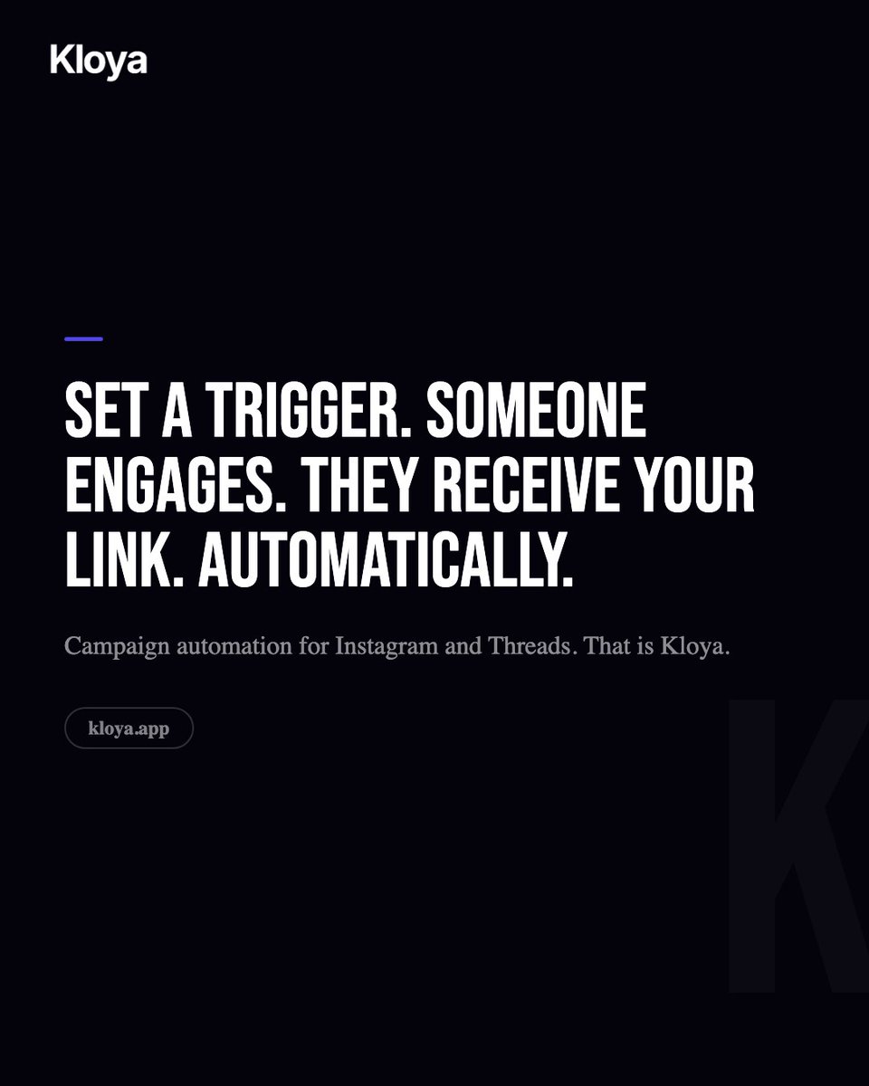 KloyaApp's tweet photo. Replying to comments tells Instagram your post is worth showing to more people.

Most creators never reply. Kloya replies to every comment instantly so your content keeps reaching new audiences.
#Kloya #InstagramGrowth #InstagramAlgorithm #CommentAutomation #ContentCreator https://t.co/9bcaMhUnPT