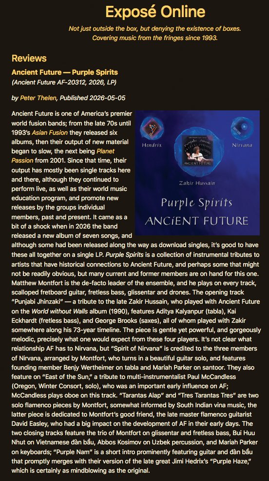 Ancient_Future's tweet photo. Rave review of the new Ancient Future album Purple Spirits from Peter Thelen on the Prog site Exposé, Exploring the Boundaries of Rock!
#prog #worldmusic #zakirhussain #hendrix #flamenco #worldfusion #nirvana

https://t.co/4onzJAlVvk https://t.co/ZlDqg72Uym