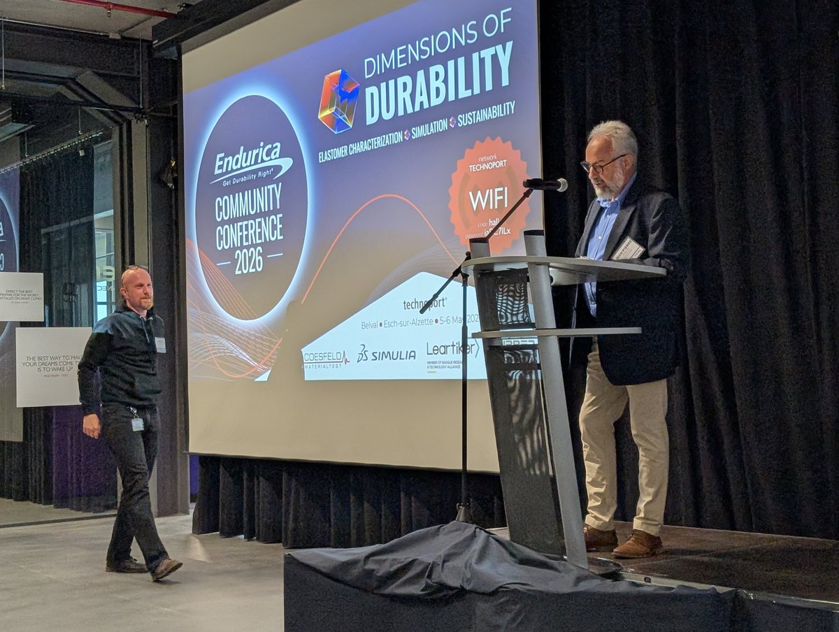 EnduricaWill's tweet photo. Jean-Pierre Jeusette kicks off Day 1 of the Endurica Community Conference in #Luxembourg. Thank you to our sponsors Coesfeld GmbH &amp; Co. KG , @3DS_SIMULIA, @leartiker, and @therubberheart. https://t.co/mg226g3l2a