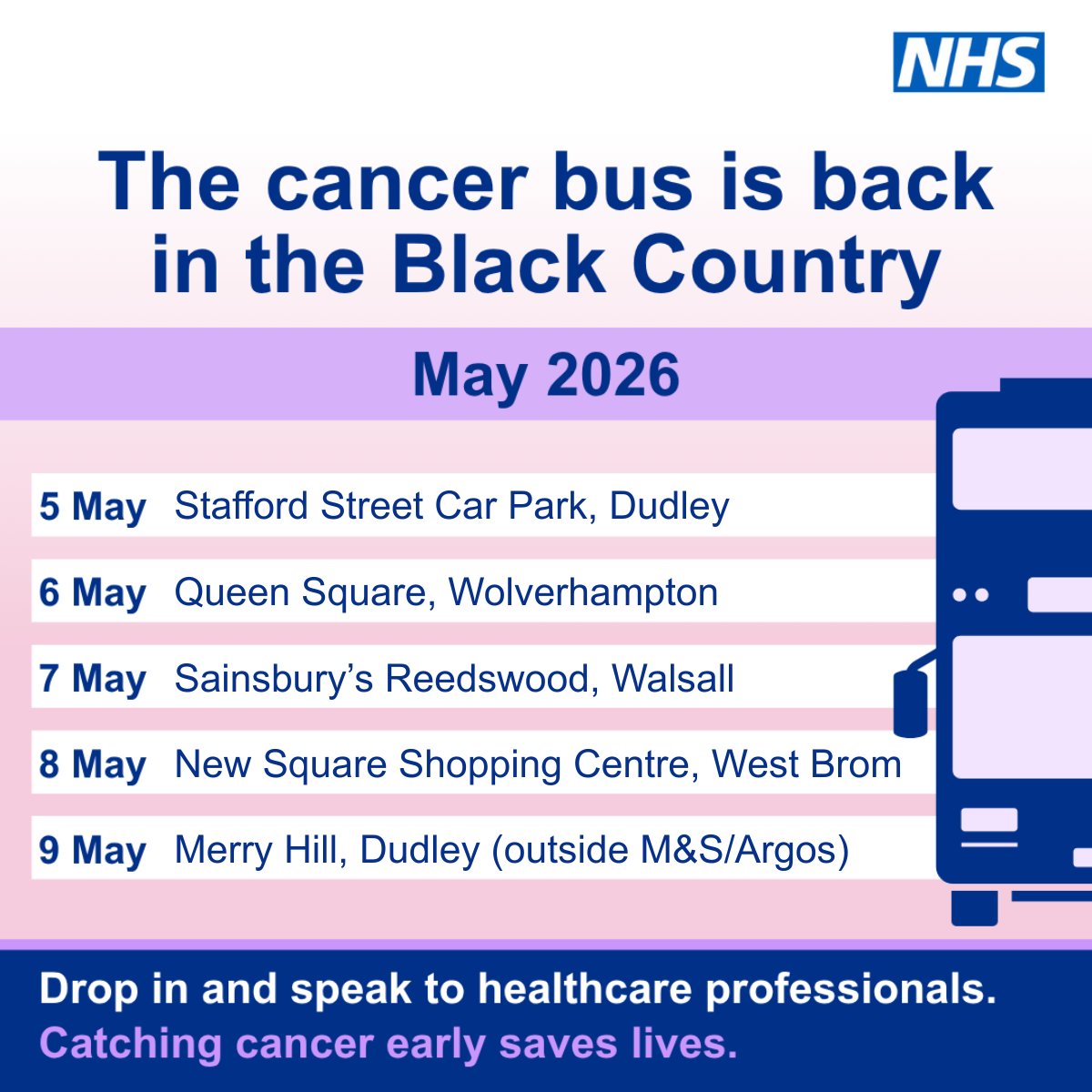 NHSinBlkCountry's tweet photo. The Black Country cancer bus tour is here! 🚍  

Join the team from 5-9 May at the below locations for cancer screening information, self-care advice, signposting to local services &amp; health checks ⤵️ 

It’s free to attend &amp; open to all. Find out more 👉 https://t.co/dag4QqFXew https://t.co/z3nowoCyd3